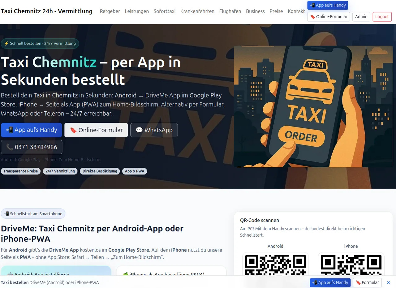 Screenshot der Plattform Taxi Chemnitz 24h - Vermittlung auf taxi-chemnitz.net